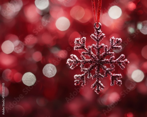 Sparkling red snowflake ornament against festive bokeh background