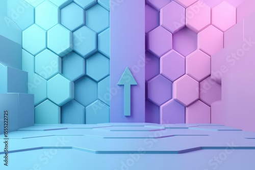 Abstract blue and pink hexagonal pattern with upward arrow symbol in futuristic room