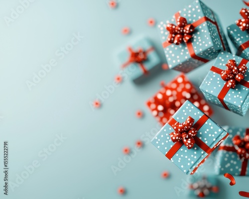 Blue gift boxes with red ribbons and polka dot bows on light background
