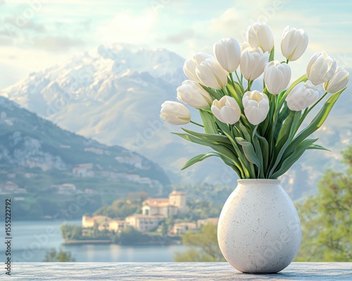 White tulips in a ceramic vase with lake and mountain landscape background