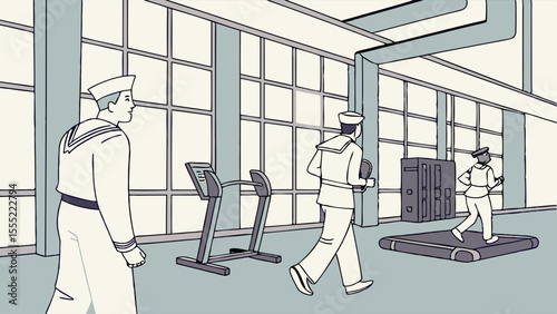 Sailors Exercising in a Modern Gym Facility.