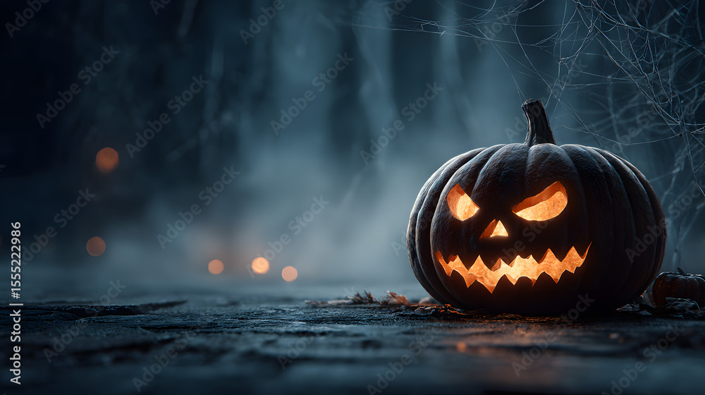 Naklejka premium Large Scary Halloween Pumpkin with Carved Eyes and Glowing Face