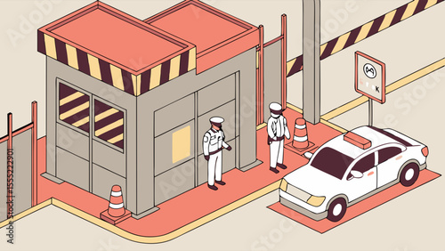 Isometric Illustration of Security Guard Post and Car.