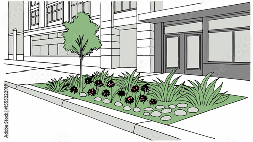Urban Landscape Design Planter Box with Tree and Flowers near Building Entrance.