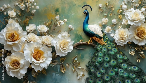 Majestic peacock amidst a floral backdrop.  A stunning peacock, detailed and vibrant, perches on a branch amidst a profusion of exquisite, lifelike white roses.  