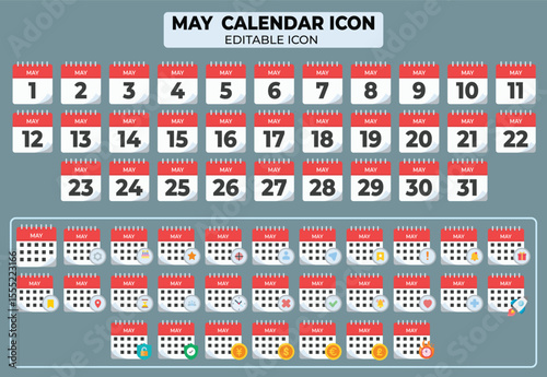 Editable May Calendar Icon Set for Planning and Scheduling Events, Tasks, and Activities