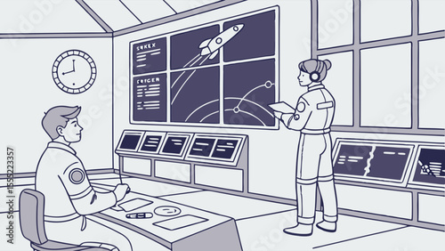 Astronauts in Space Control Room Monitoring Rocket Launch.