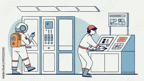 Astronaut and Technician in a Futuristic Space Station Control Room.