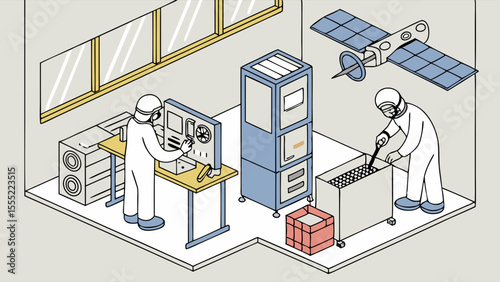 Scientists in Cleanroom Examining Satellite Components.