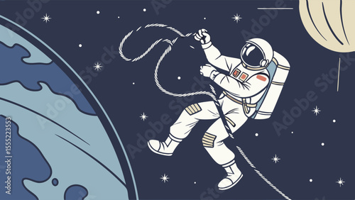 Astronaut in Space Connected by Rope to Earth.