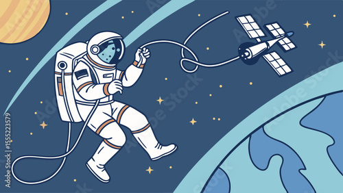 Astronaut in Space Tethered to a Space Station.