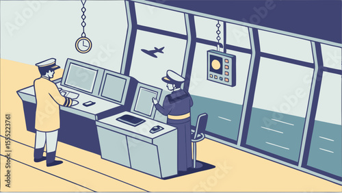 Two Air Traffic Controllers Working in Control Tower.