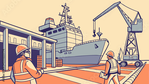 Dockside Scene with Ship Cranes and Workers in Retro Style.