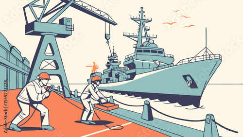 Warship Docking Workers and Crane at Naval Port.