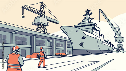 Shipyard Scene with Workers and Crane.