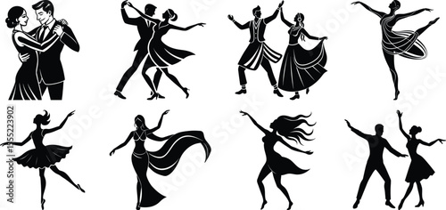 Vector art of dancing couples silhouettes in various styles isolated on transparent