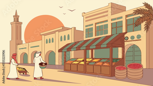 Arabian Market Scene with Fruit Stalls and People.