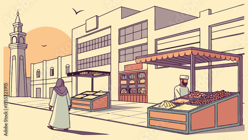 Illustration of a Middle Eastern Street Market with Vendors and People.