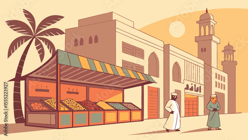 Illustration of a Middle Eastern Market Scene with People.