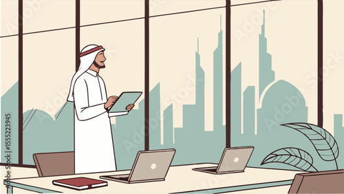 Arab businessman using tablet in modern office overlooking cityscape.
