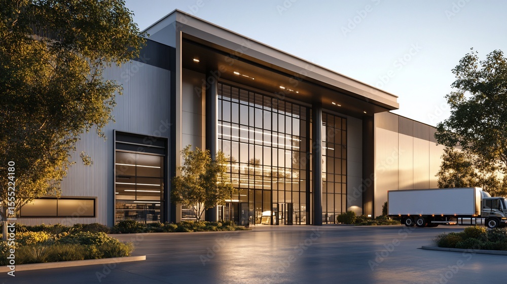 Fototapeta premium Modern warehouse facility with glass frontage. Spacious, contemporary industrial building, with large glass windows, and truck parked outside. Outdoor landscaping,