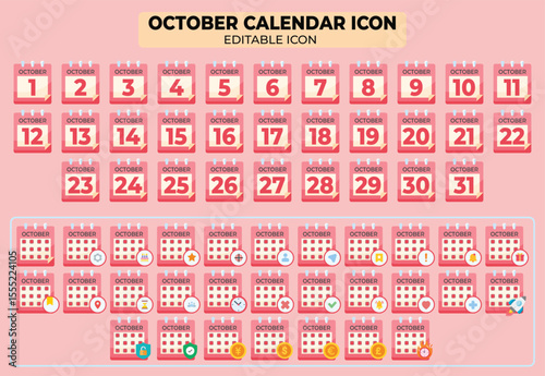 October Calendar Icon Set: Editable Vector Templates for Dates and Scheduling