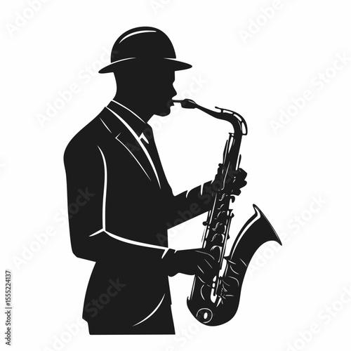 Silhouette Man Musician Playing Saxophone Vector Image isolated on white background.