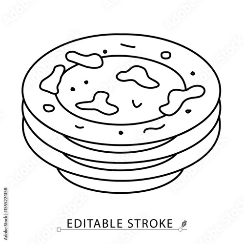A stack of dirty plates icon in minimalist style with editable stroke. Dishwashing symbol, used tableware, kitchen cleanup, food stains, household mess, sanitation object, vector line illustration.