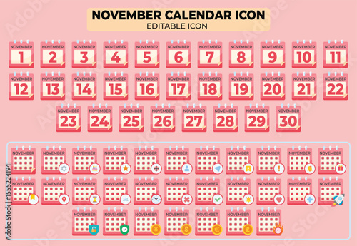 Complete set of November calendar icons, vector illustration, editable and customizable calendar event symbol for all dates