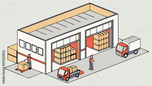 Isometric Warehouse Scene with Workers Trucks and Boxes.