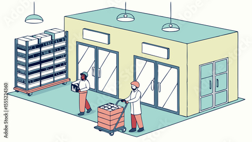 Warehouse Workers Moving Stock in a Retail Building.