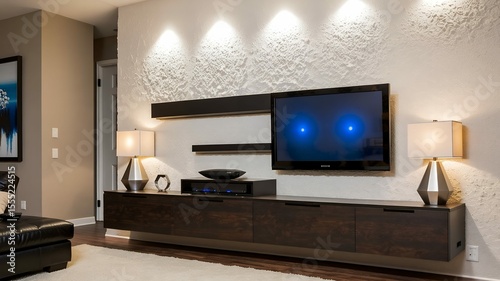 Modern living room features elegant entertainment center and stylish lighting