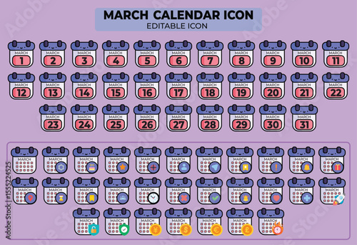 Set of March Calendar Icons for Planning and Scheduling Activities, events, and promotions