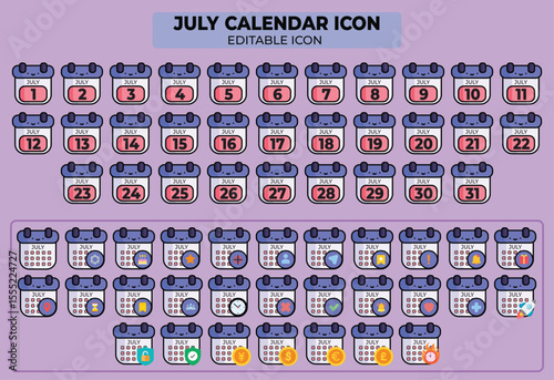 July Calendar Icon Vector Set, perfect for planners, reminders, and scheduling designs, enhancing user interface and applications