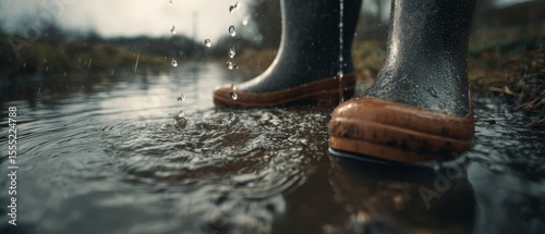 A puddle reflects overcast skies as raindrops dance around well-worn boots, capturing a moment of tranquil connection with nature.