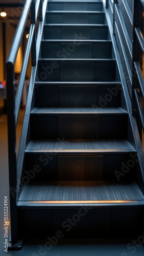 Indoor metal staircase with black steps and handrails, illuminated by natural light. backdrop