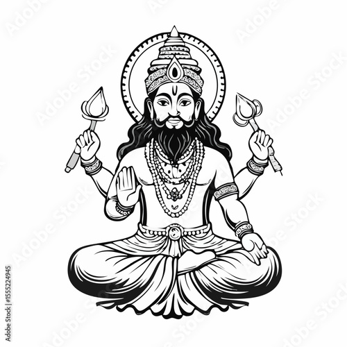 Brahma God illustration hand drawn black and white Hindu God vector illustration