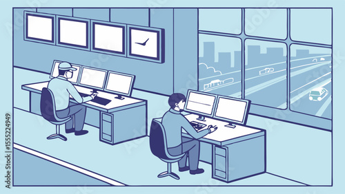 Two Workers Monitoring Traffic Flow in a Control Room.