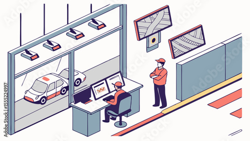 Illustrated Car Inspection Station with Personnel and Technology.