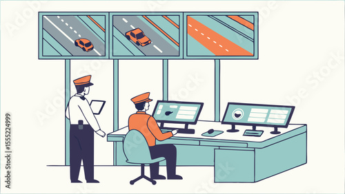 Two Security Guards Monitoring Traffic on Multiple Screens.