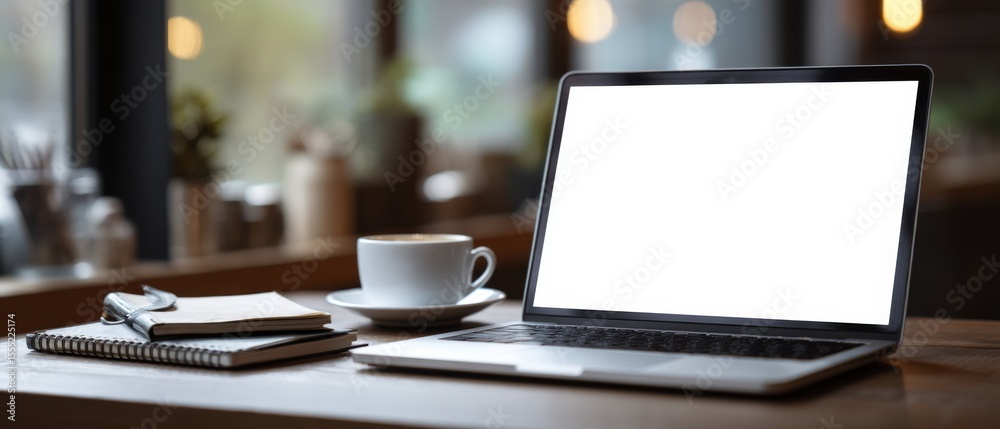 Fototapeta premium A cozy café setting with a laptop on a wooden table, inviting concentration and creativity amidst the warm ambiance.