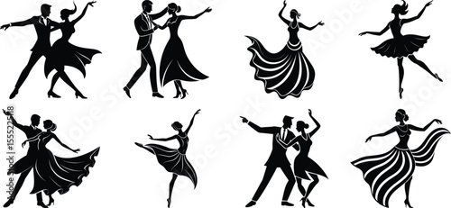 Vector art of silhouettes of dancing couples in different poses isolated on transparent