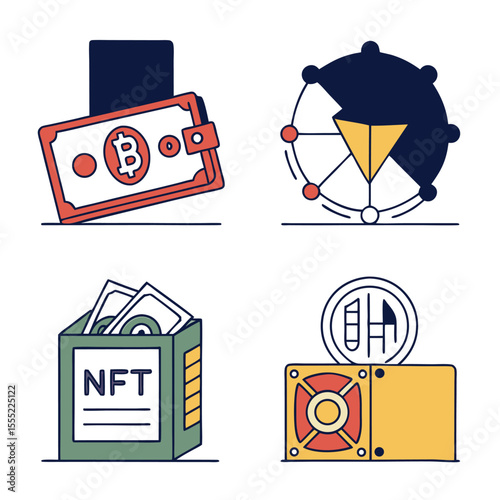 Blockchain and crypto icon set — bitcoin, wallet, NFT, mining rig, smart contract

