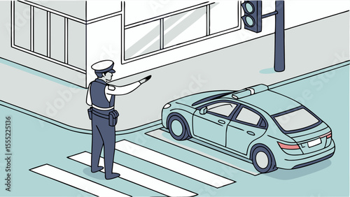 Policeman Directing Traffic Near a Police Car at Intersection.