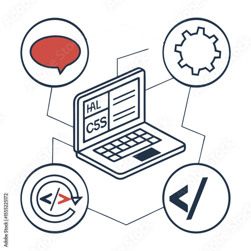 Coding and development icon set — HTML, CSS, laptop, brackets, Git, terminal

