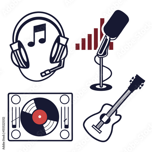 Music icon set — notes, headphones, mic, DJ turntable, guitar, soundwave

