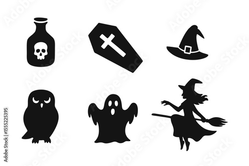 Halloween Silhouette Icons Set - Witch, Ghost, Owl, Potion, Hat and Coffin Vector Clipart
