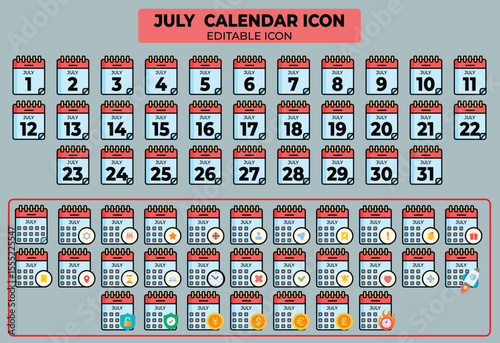 Vector illustration of July calendar icon set with editable design elements