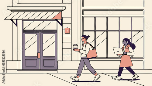 Two Women Walking Along a City Street.