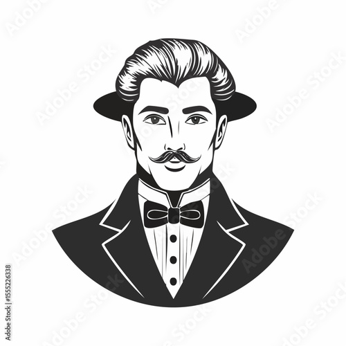 Black and white Handsome Victorian Man Portrait image vector isolated on white background.